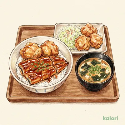 Eel and Fried Chicken Bowl with Fried Chicken and Miso Soup Set
