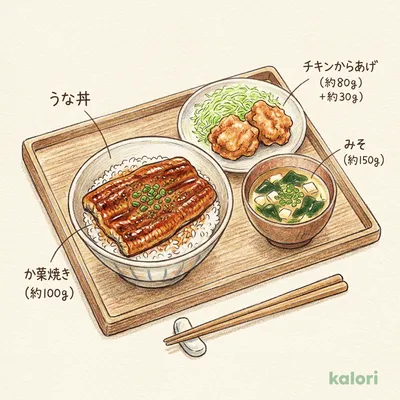 Eel Bowl with Fried Chicken and Miso Soup Set