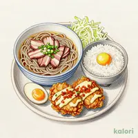 Double Portion Soba with Pork Fat Dipping Sauce Set Meal (with Raw Egg and Spicy Cod Roe Mayo Fried Chicken)