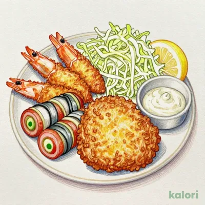 季節の盛り合わせかつ（海老・鱚・野菜巻き・ヒレ30g）