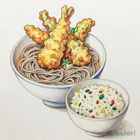 季節のかき揚げ天そばと季節の炊き込みご飯