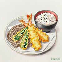 海老と季節野菜の天そばと季節の炊き込みご飯