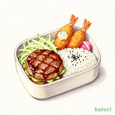 Grilled Hamburg Steak and Shrimp Tempura Bento
