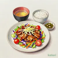 千切り野菜と一緒に食べる豚の生姜焼き膳