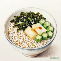 だしポン酢仕立て　オクラとめかぶのネバネバご飯(もち麦入りご飯)
