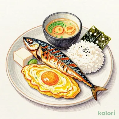 Grilled Salted Mackerel & Half Omelet Breakfast Set