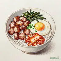 キムチのせ焼豚丼（半熟玉子入り）