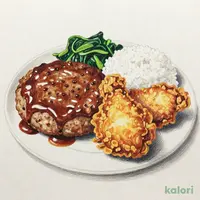 ハンバーグからあげ定食（味噌汁を豚汁に変更）