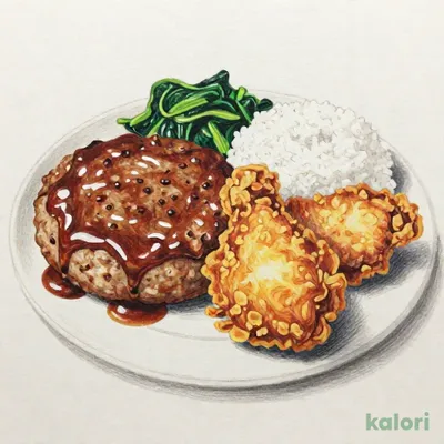 ハンバーグからあげ定食（味噌汁を豚汁に変更）