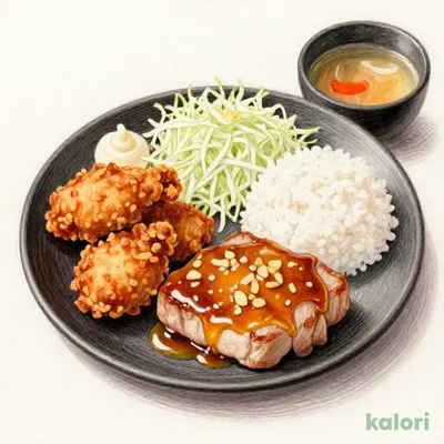 背脂生姜タレのポークフライドステーキ＆本格唐揚げ(３個)定食