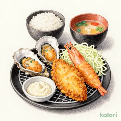 【海老セール】海鮮盛合せ定食（カキ2個・アジ１枚・海老１尾）＋海老フライ１尾