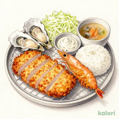 【海老セール】超厚切りリブロースかつ＆カキフライ（2個）定食＋海老フライ１尾