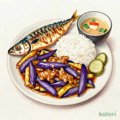 茄子味噌と焼魚の定食