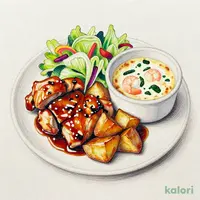 ごろごろチキンとポテトのてりやきソース＆海老とほうれん草のグラタン（サラダ・スープ・ドリンク付）
