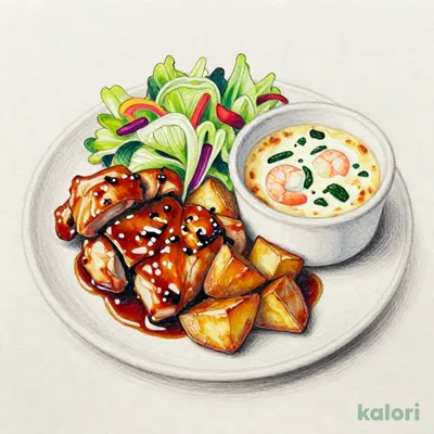 ごろごろチキンとポテトのてりやきソース＆海老とほうれん草のグラタン（サラダ・スープ・ドリンク付）