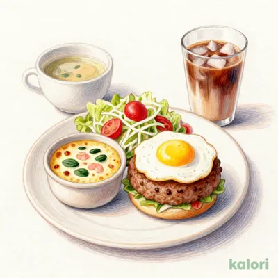 目玉焼きハンバーグ＆海老とほうれん草のグラタン（サラダ・スープ・ドリンク付）