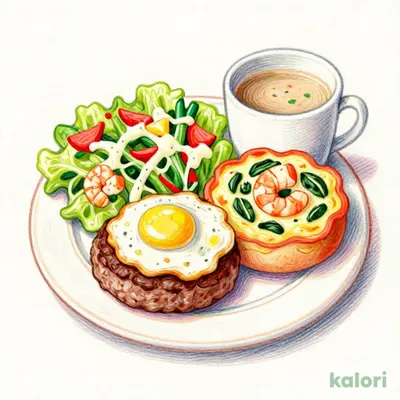 目玉焼きハンバーグ＆海老とほうれん草のグラタン（サラダ・スープ・ドリンク付）【ドリンク除く】