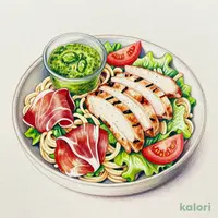 生ハムとグリルチキンの冷製生パスタ（バジルソース）