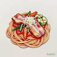 ベーコンとグリル野菜のトマトソースパスタ