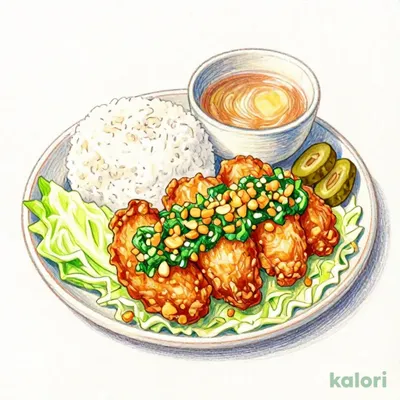 Yurinchi (Fried Chicken) with Garlic Chive Sauce (with Rice)