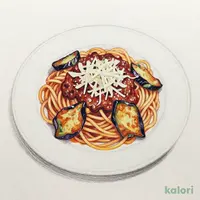 薄削りパルメザンチーズと揚げ茄子のミートソーススパゲッティ