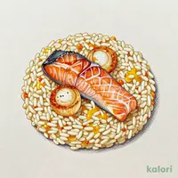 スモークサーモンと貝柱の柚子胡椒仕立ての和風ソースリゾット
