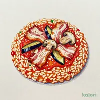 ベーコンとキノコ、ナスの アラビアータリゾット