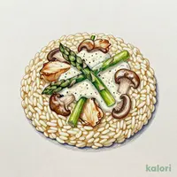 若鶏とキノコ、アスパラのゴルゴンゾーラクリームソースリゾット