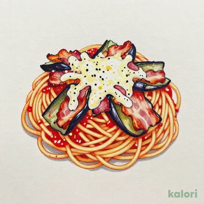 Tomato Sauce Pasta with Eggplant, Bacon, and Mozzarella