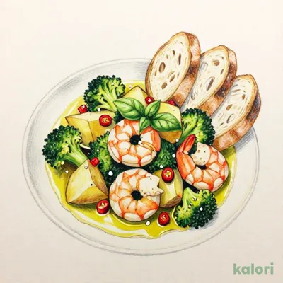 Shrimp and Potato Basil Ajillo with Baguette