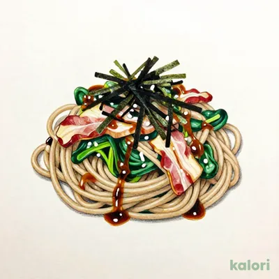 Whole Wheat Pasta with Spinach and Hanging Bacon in Soy Sauce