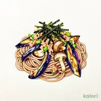 Whole Wheat Pasta with Eggplant, Tuna, and Mushrooms in Soy Sauce Peperoncino