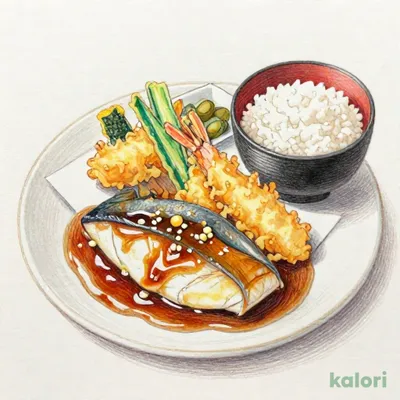 銀ひらすの煮つけと天ぷらの御膳