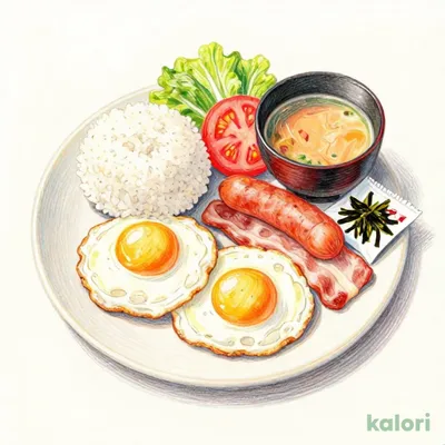 フライドエッグ和定食（ベーコン・ソーセージ・ごはん・味噌汁・焼のり）