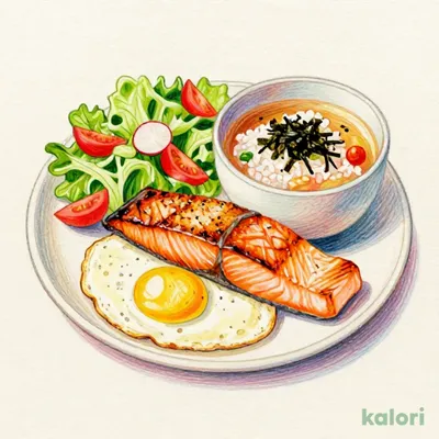 Japanese Morning Set Meal (Grilled Salmon, Fried Egg, Rice, Miso Soup, Nori)