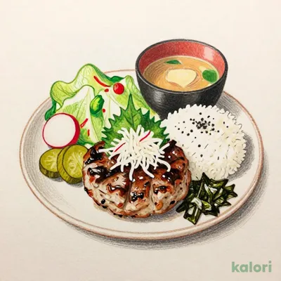 朝の和風ハンバーグ膳（ごはん・味噌汁・サラダ・漬物・焼のり）