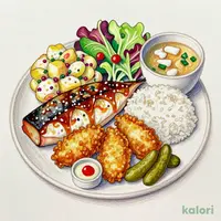 気仙沼産メカジキのしょうが焼きと虫明産牡蠣フライ膳（ごはん・味噌汁・漬物付）