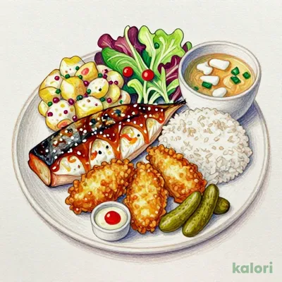 気仙沼産メカジキのしょうが焼きと虫明産牡蠣フライ膳（ごはん・味噌汁・漬物付）