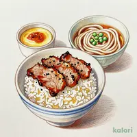 Grilled Pork Rice Bowl and Noodles with Chawanmushi (Steamed Egg Custard)