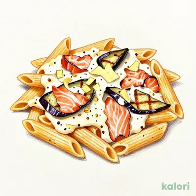 灯台のサーモンと焼き茄子　ペンネクリームグラタン