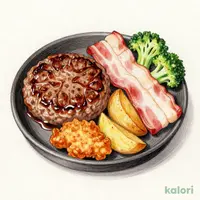 【月曜の日替わり 3品盛り】 ハンバーグ(130g)&鶏の唐揚げ&厚切りベーコン