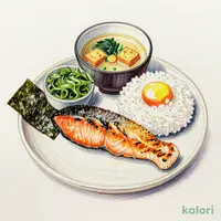 Grilled Salmon and Raw Egg Breakfast, Mini