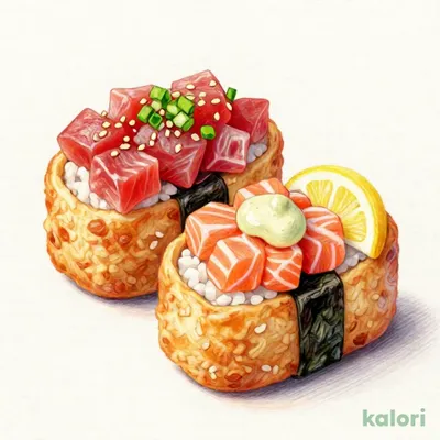 彩りいなり(まぐろユッケ・サーモンバジル)