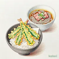 国産野菜小天丼と牛肉つけ汁そば