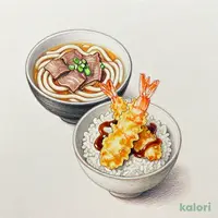大海老小天丼と牛肉つけ汁うどん
