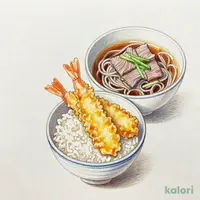 大海老小天丼と牛肉つけ汁そば