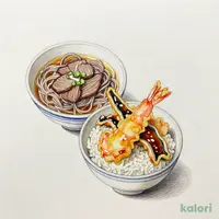 海老穴子小天丼と牛肉つけ汁そば