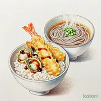 海老と4種の北陸産天丼(小)藪そばセット(温)