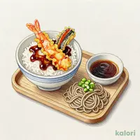 海老と活〆穴子切身の天丼（温）（小）藪そばセット
