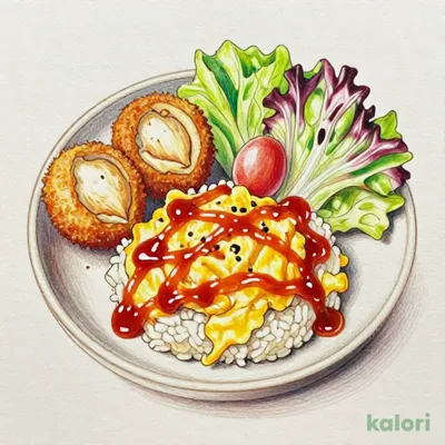 Omelet Rice and Crab Cream Croquette Plate with Rich Demiglace Sauce